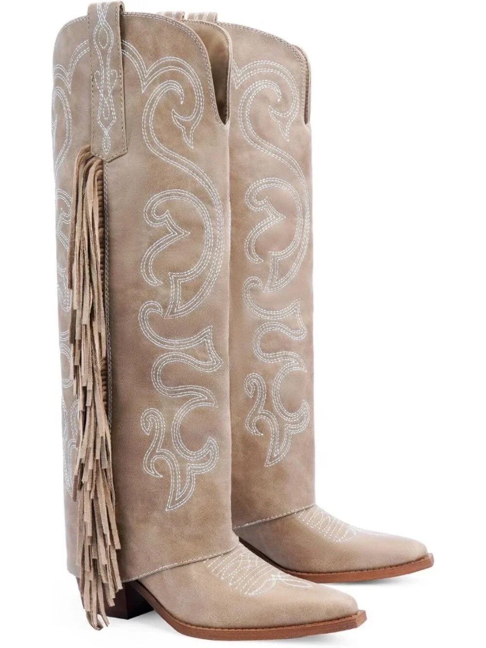 Women's Nude Rubber Knee High Fold Over Half Zipper Chunky High Heel Boots